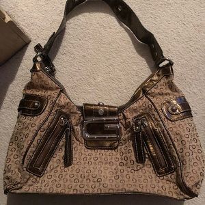 Guess brown shoulder bag with silver hardware